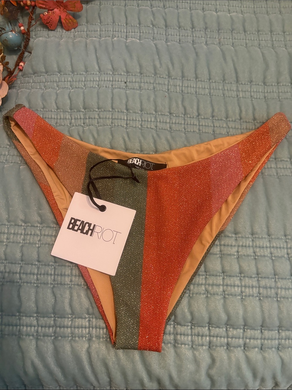 Beach Riot Glitter Stripe Bikini Bottom in Coral, Olive & Gold